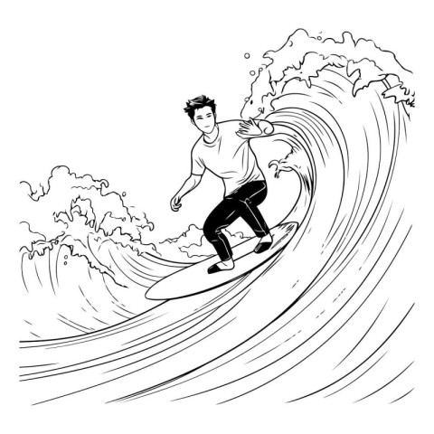 Man surfing on a wave. Black and white vector illustration of a