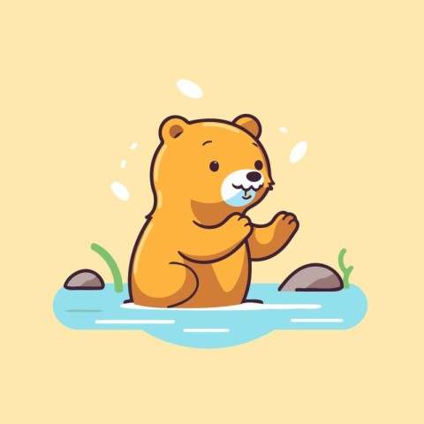 Cute bear in the river. Vector illustration in cartoon style.