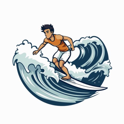 Surfer with a surfboard on the wave. Vector illustration.