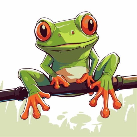 Cartoon funny green frog sitting on the fence. Vector illustrati