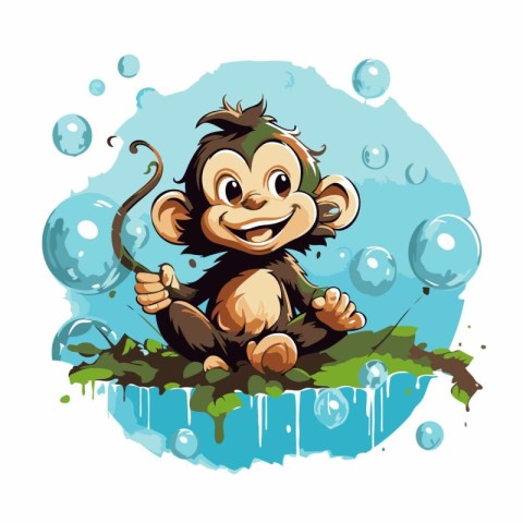 Monkey sitting on the island and soap bubbles. Vector illustrati