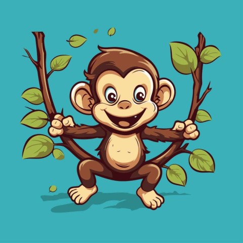 Cute monkey cartoon character on a tree branch. Vector illustrat