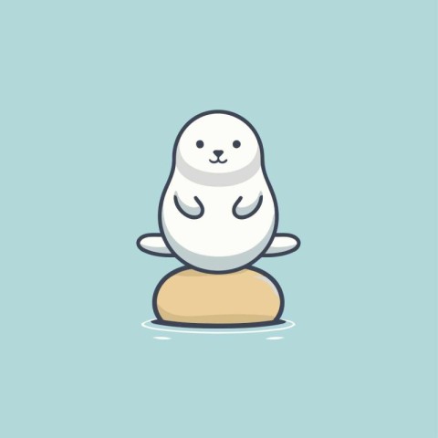 Cute white seal sitting on a stone in the sea. Vector illustrati