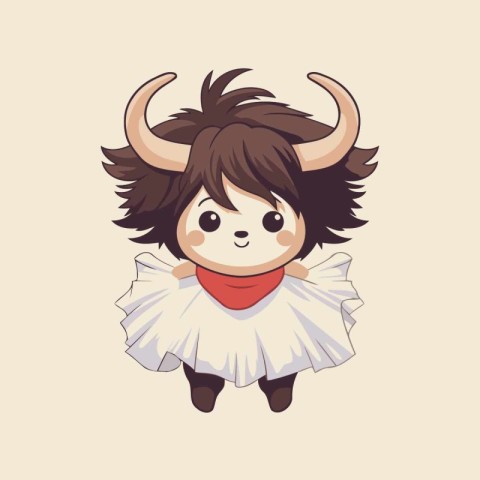 Cute little girl in a long white dress with horns. Vector illust