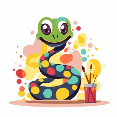 Cute cartoon snake and paints. Vector illustration on white back