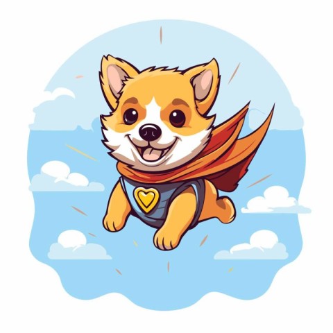 Cute cartoon shiba inu superhero flying in the sky.