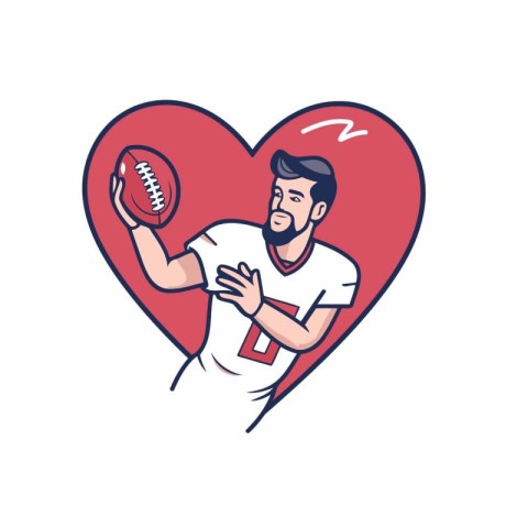 American football player holding ball in heart shape. Vector ill