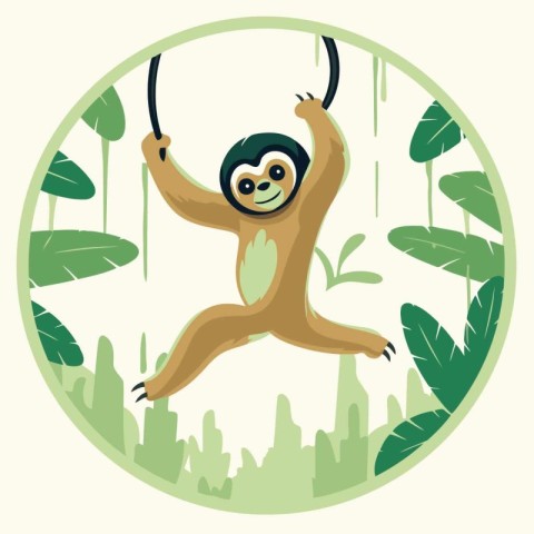 Vector illustration of cute cartoon sloth hanging on a tree bran