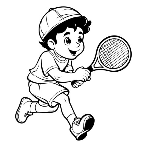 Boy Playing Tennis - Black and White Cartoon Illustration. Isola