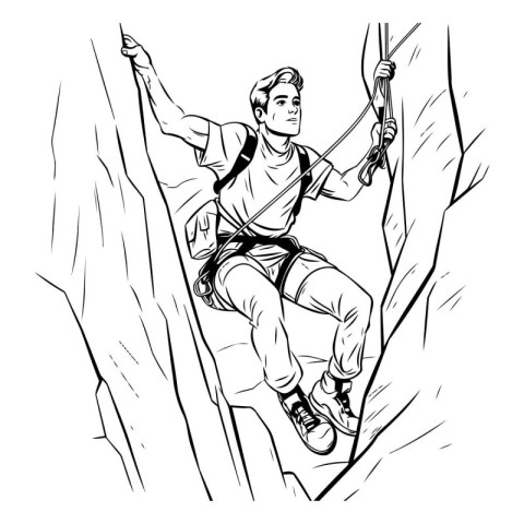 Vector illustration of a man climbing on a cliff with a rope.