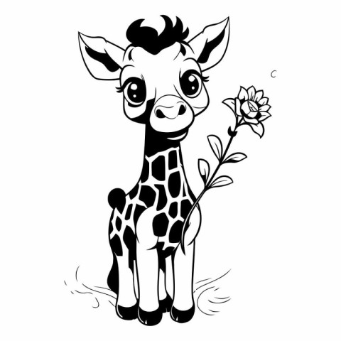 Black and white vector illustration of a baby giraffe with a flo