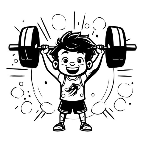 Boy lifting a barbell in the gym. black and white vector illustr