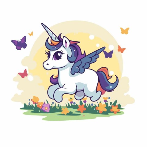 Cute cartoon unicorn with wings and flowers on the meadow. Vecto