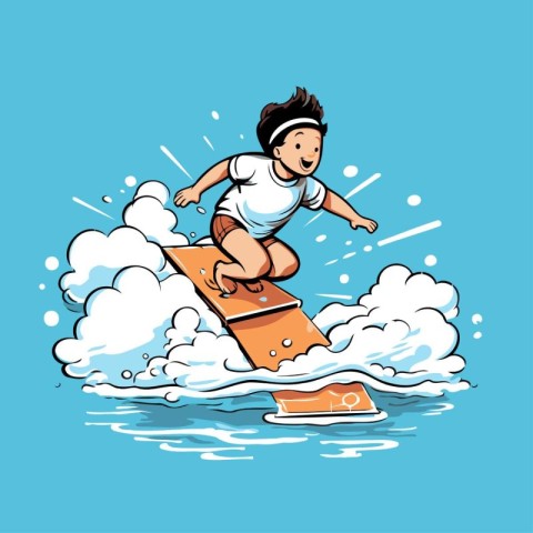 Boy surfing on a wave. Vector illustration in a cartoon style.