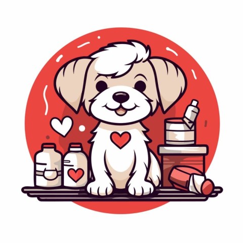 Cute cartoon dog with different food and medicine. Vector illust