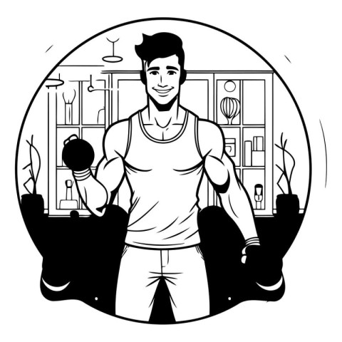 Vector illustration of a young man doing fitness exercises in th