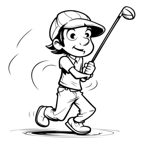 Golfer - Black and White Cartoon Illustration of a Golf Player