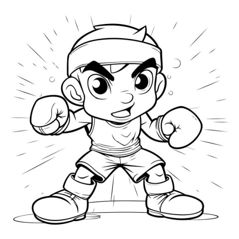 Black and White Cartoon Illustration of a Kid Boy Boxer Characte