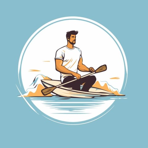 Man rowing on a kayak in the sea. Vector illustration.