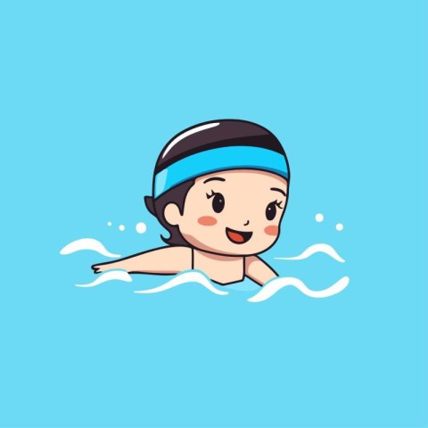 Cute cartoon little boy swimming in the pool. Vector illustratio