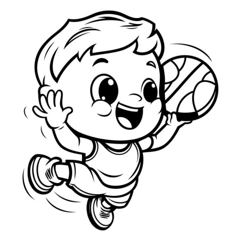 Cute Little Boy Playing Basketball - Black and White Cartoon Ill