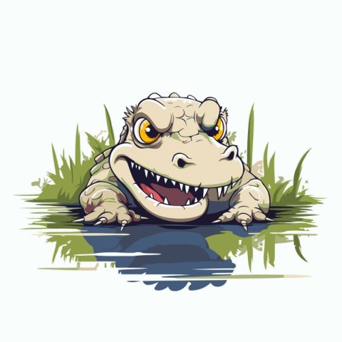 Funny cartoon crocodile in the grass. Vector illustration isolat