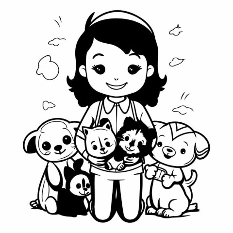 Cute little girl with cute pets. Black and white vector illustra