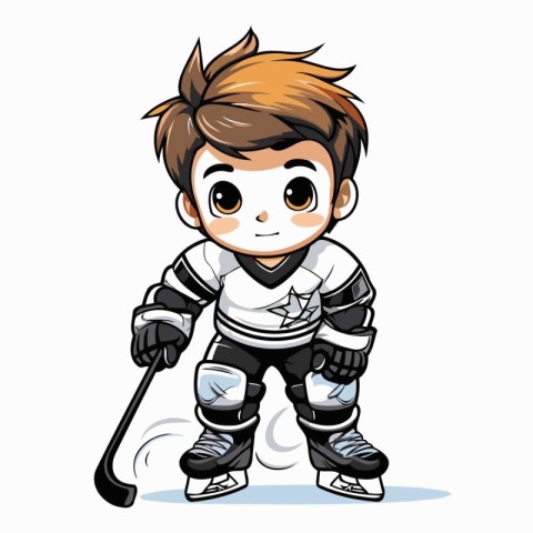 Cute boy playing hockey. Cartoon vector illustration isolated on