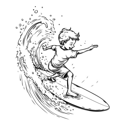 Surfer on the wave. Vector illustration in black and white.