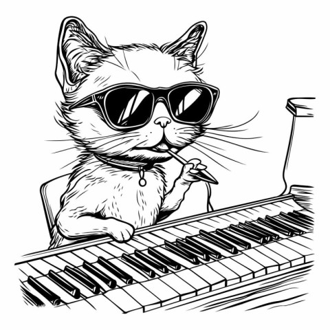 Vector illustration of cat with sunglasses sitting on piano keys