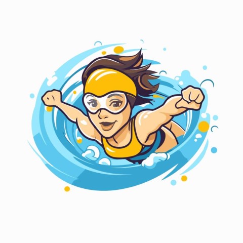 Swimming girl with goggles and cap. Vector illustration in carto