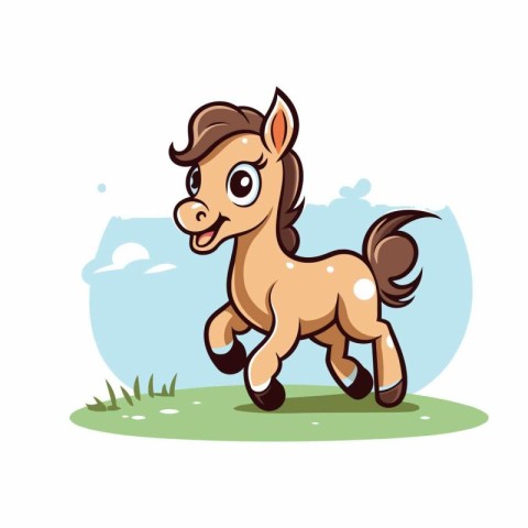 Cute cartoon horse running in the meadow. Vector illustration.