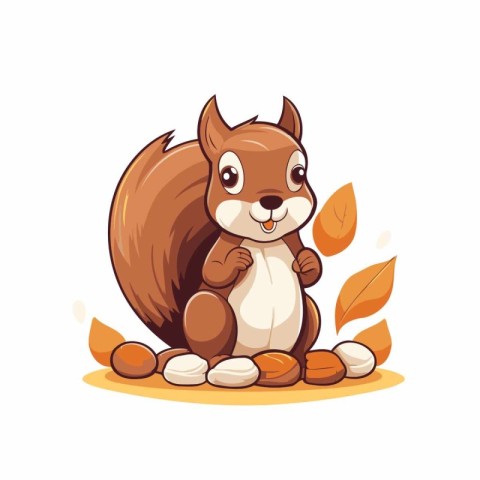 Cute squirrel sitting on the ground with nuts. Vector illustrati