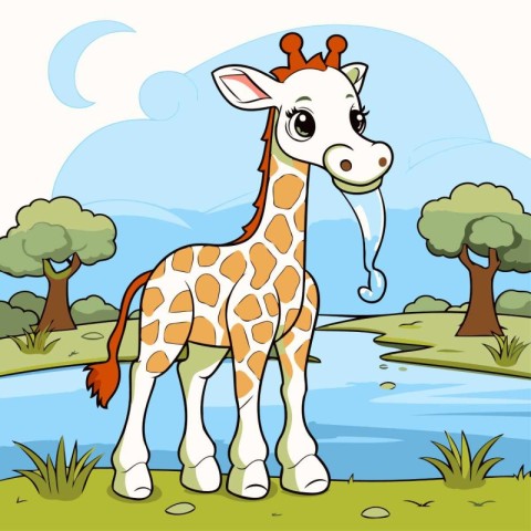 Illustration of a Cute Baby Giraffe in a Nature Scene