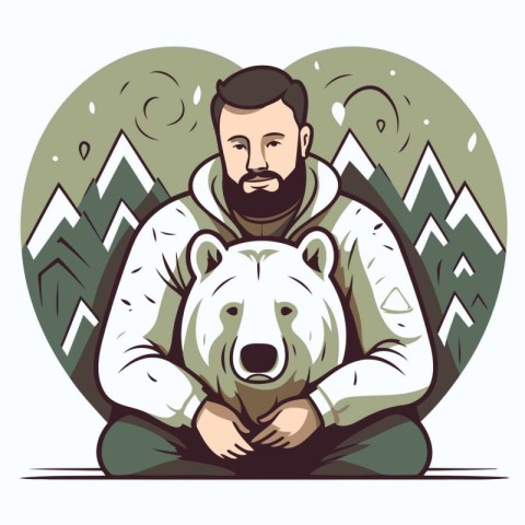 Vector illustration of a man with a beard and a polar bear in th