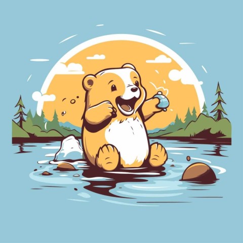 Cute cartoon bear on the river. Vector illustration for your des