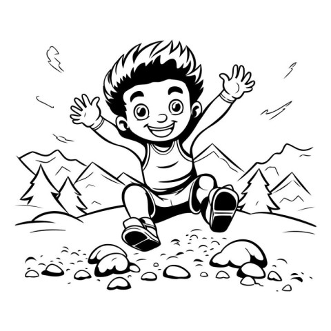 Boy running in the mountains. Black and white vector illustratio