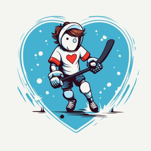 Ice hockey player with a stick and puck in the heart. Vector ill