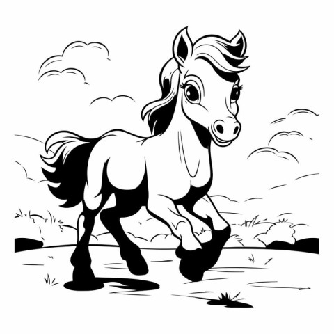 Black and white vector illustration of a horse running in the fi