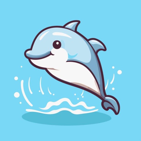 Cute cartoon dolphin jumping out of the water. Vector illustrati