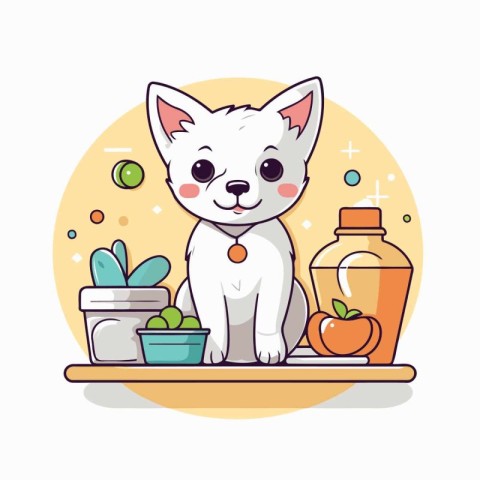 Cute cartoon dog sitting on the shelf with food. vector illustra