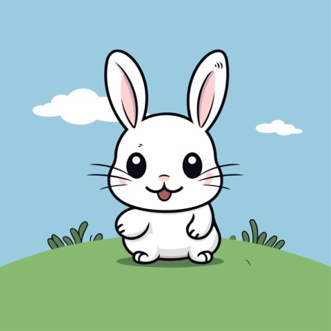 Cute rabbit sitting on the grass. Vector illustration in cartoon