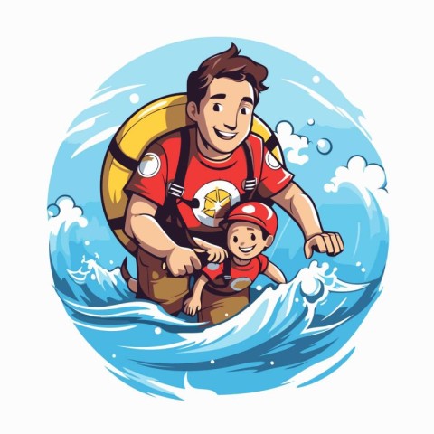 Father and son on the sea waves with a lifebuoy. vector illustra