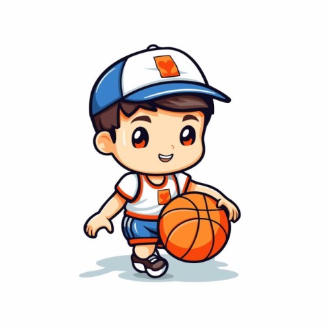 Cute boy playing basketball isolated on white background. Vector