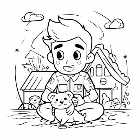 Black and White Cartoon Illustration of Little Boy with Dog or P