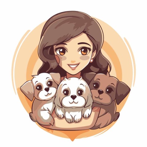 Cute girl and her dogs. Vector illustration for your design.