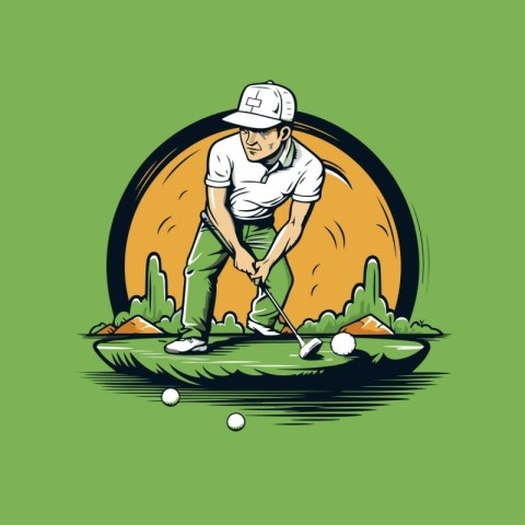 Golf player hits the ball on the green course. Vector illustrati