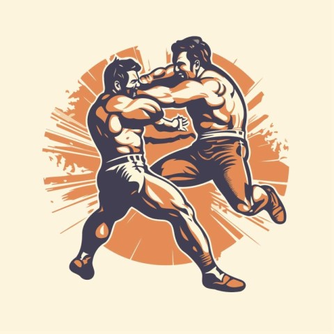 Muay Thai. Two boxers fighting. Vector illustration in retro sty