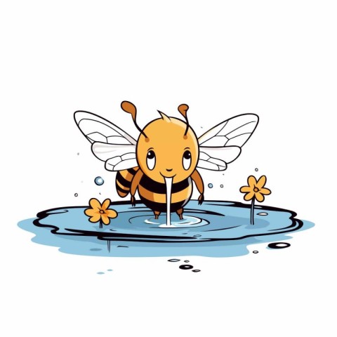 Cute cartoon bee in a puddle of water. Vector illustration.