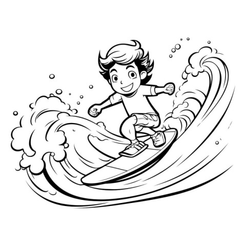 Boy surfing on wave. Black and white vector illustration for col